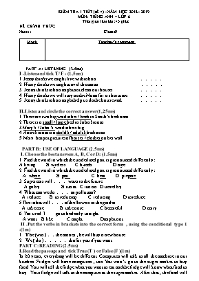 Đề kiểm tra 1 tiết số 4 môn Tiếng Anh Lớp 6 - Năm học 2018-2019